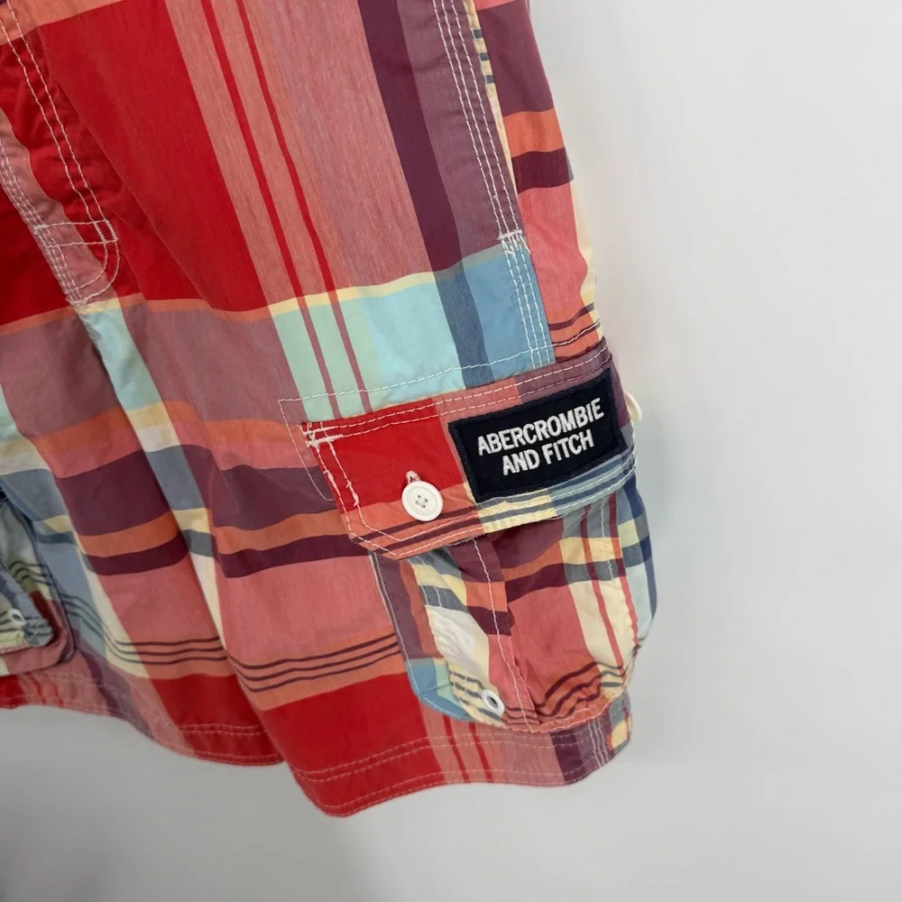 Abercrombie & Fitch Shorts Mens Medium Plaid Long Board Swim Trunks Cargo Lined